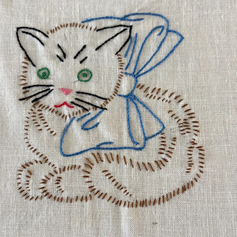 Hand Embroidered Cat Linen Squares - Blue and Pink